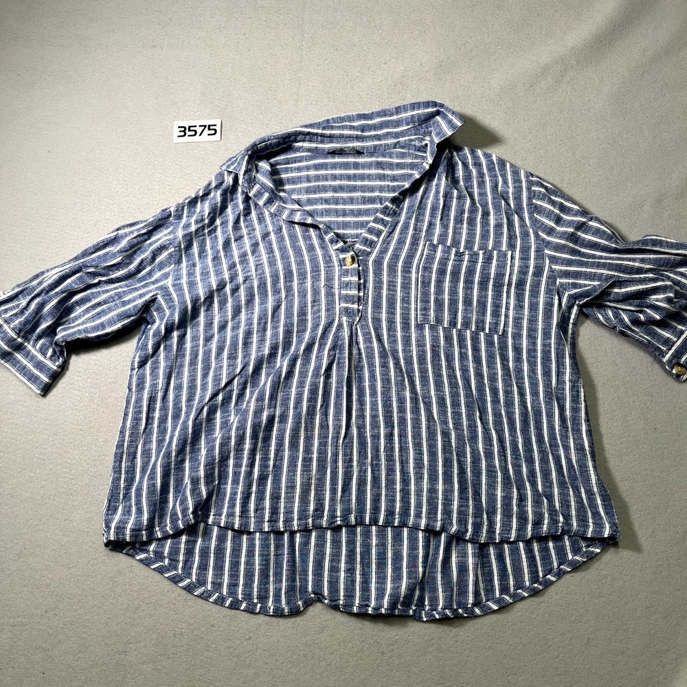 Club Z Collection Popover Shirt Womens‎ 3XL Blue Striped 3/4 Sleeve High Low Hem